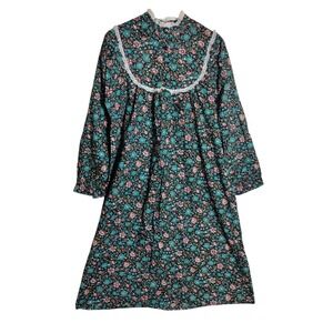 Vintage Avon Fashions Cotton Floral Nightgown Lace Trim Teal Pink Size 13/14